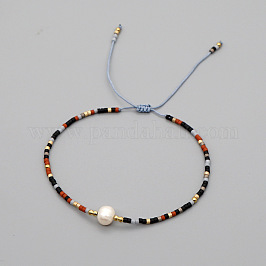 Verstellbare, geflochtene Armbänder aus Glasperlen für Damen, mit natürlichen Süßwasserperlen und Messing, Farbig, 11.02 Zoll (28 cm)
