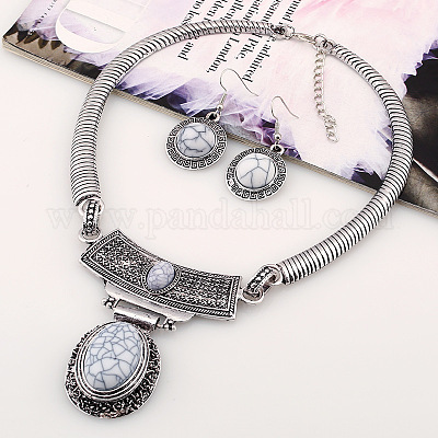 Овальные синтетические бирюзовые подвески и комплекты серег-подвесок. Комплекты ювелирных изделий из сплава FS-WGD3387-03-1