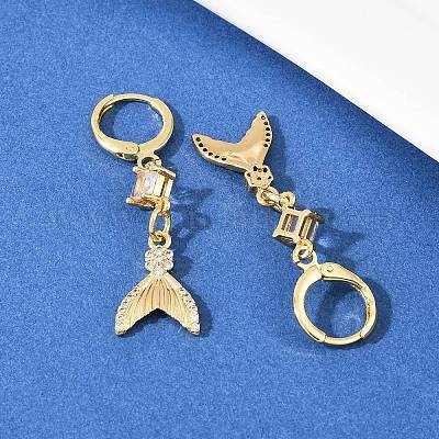 Серьги-кольца из латуни с микропаве из кубических цирконий в форме рыбьего хвоста EJEW-B154-05G-1