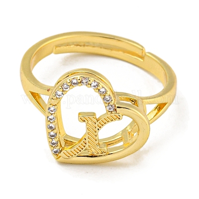Сердце с буквой стойка покрытие латунь микро паве кубический цирконий регулируемые кольца для женщин RJEW-I105-06G-X-1