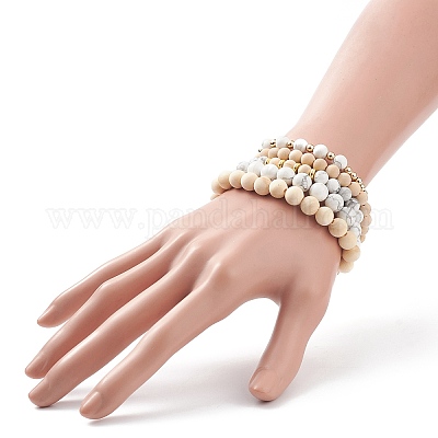 5шт 5 стильных круглых браслета из бисера из натурального дерева и говлита BJEW-JB08820-1