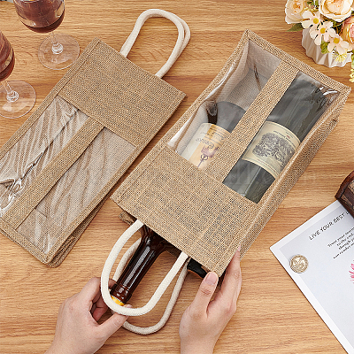 Прямоугольные льняные винные пакеты с 2 отделением и ручкой ABAG-WH0046-28B-1