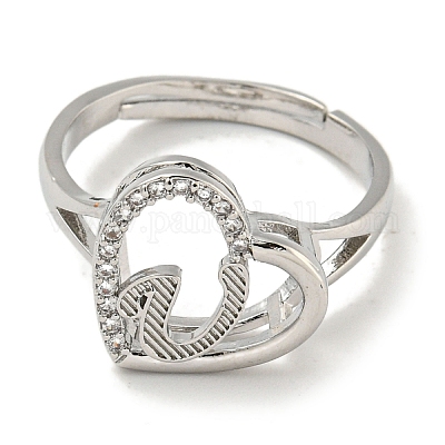 Сердце с буквой стойка покрытие латунь микро паве кубический цирконий регулируемые кольца для женщин RJEW-I105-06P-U-1
