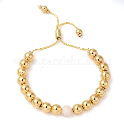 Браслеты-слайдеры из латуни и натуральной ракушки с круглыми бусинами BJEW-P306-01G-1