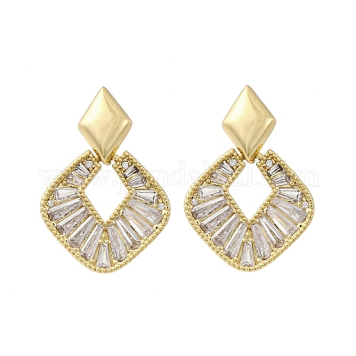 Серьги-гвоздики с ромбами из латуни с микропаве из прозрачных кубических цирконий EJEW-F373-02G-1