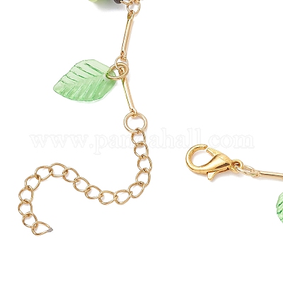 Браслеты на ногу из латуни с кисточками из акриловых листьев и стеклянных бусин в виде винограда для женщин AJEW-MZ00008-02-1