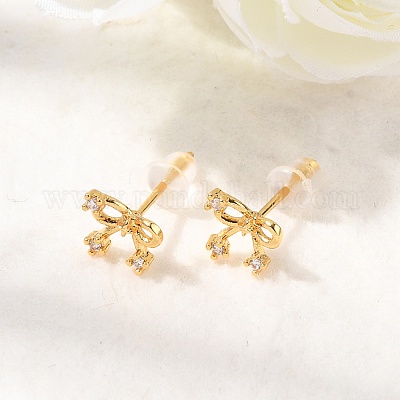 Серьги-гвоздики с бантом из латуни с микропаве из прозрачных кубических цирконий EJEW-C158-14B-G-1