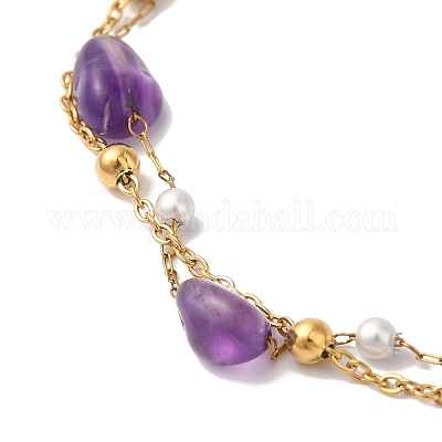 Многорядные браслеты самородки с натуральным аметистом и искусственным жемчугом BJEW-P326-02B-G-1