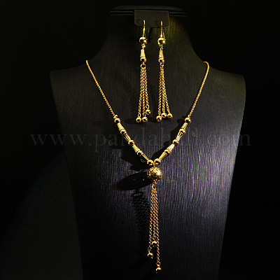 Ожерелья с подвесками-кисточками из круглых бусин и латуни и комплекты серег-колец FS-WGD59F5-01-1