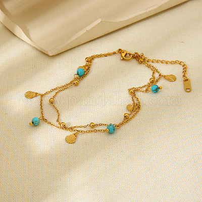 Синтетическая бирюза круглая и из нержавеющей стали 304 в форме ракушки двухслойные браслеты для женщин FS-WG7A7AF-01-1