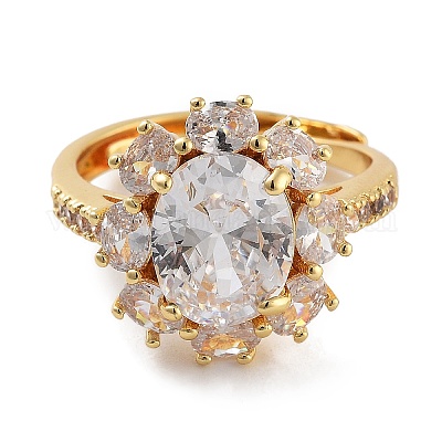 Цветочная стойка покрытие латунь микропаве кубический цирконий регулируемые кольца для женщин&nbsp;RJEW-Z059-11G-02-1