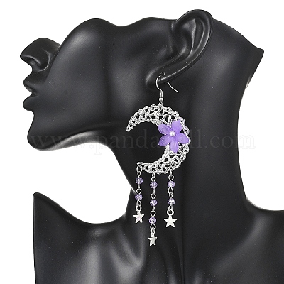 2 пара серег-подвесок из сплава и железа в форме луны с цветком EJEW-JE06766-1