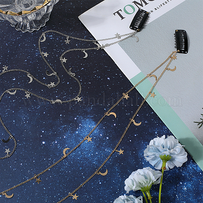 2 шт. двухцветная металлическая цепочка для волос с подвесками в виде луны и звезд и железными заколками-гребнями для волос&nbsp;OHAR-GF0001-35-1