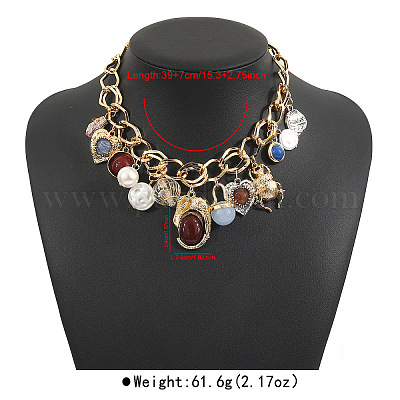 Женские ожерелья-нагрудники из сплава акриловой смолы и искусственного жемчуга в форме овального сердца с подвеской в виде насекомого FS-WGF9C21-02-1