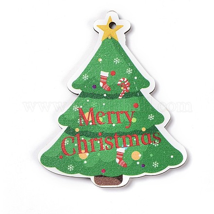 ウッドビッグサイズペンダントトップ  単語のクリスマスツリーメリークリスマス  ライムグリーン  89x74x3.5mm  穴：4.5mm HJEW-O004-14-1
