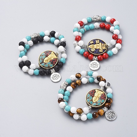 Conjuntos de pulseras elásticas guan yin y loto con tema budista BJEW-JB04874-1