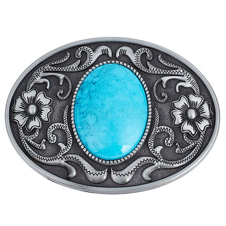 GORGECRAFT Turquoise Stone Buttons 90×66Mm Belt Buckles Men American Western Cowboy Indian Elements Vintage Turquoise Belt Buckle Oval with Flower for Men's Belt PALLOY-WH0104-06AS-1