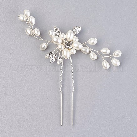 結婚式の花嫁の髪のフォーク  真鍮線とラインストーンとアクリルパール  花  銀色のメッキ  81mm PHAR-WH0001-01S-1