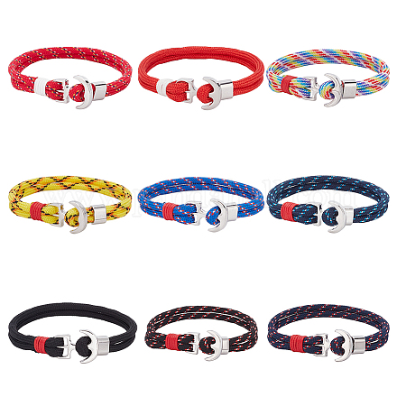 Anattasoul 9 pièces 9 couleurs bracelets de cordon de survie en polyester sertis de fermoirs d'ancrage en alliage BJEW-AN0001-59-1