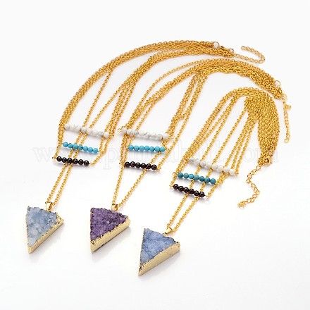 4-Layer Golden Tone Iron Chain & Electroplated Triangle Natural Druzy Agate Crystal Brass Pendants Tiered Necklace NJEW-JN01202-1