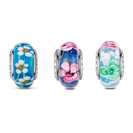 TINYSAND Flowers In Bloom Set Platinum Plated Sterling Silver Glass European Beads TS-Cset-046-1