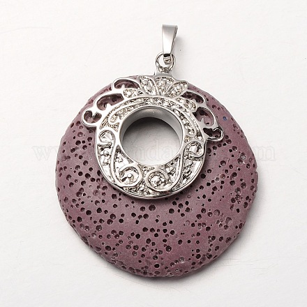 Platinum Plated Alloy Synthetic Lava Rock Flat Round Pendants G-O024-02B-1