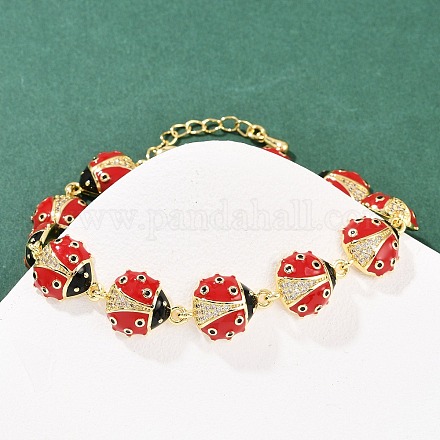 Браслеты-цепочки с красными божьими коровками из латуни с микропаве из прозрачных кубических цирконий и эмалью для женщин BJEW-L707-02G-1