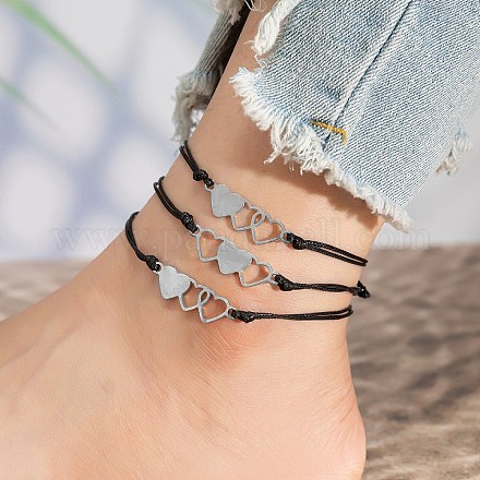 Наборы браслетов на лодыжку из сплава с тройным сердечком из цепочки и шнура для женщин FS-WG9630E-04-1