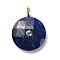 Dyed Natural Lapis Lazuli Faceted Pendants, Flat Round Charms, with Rack Plating Golden Tone Brass Micro Pave Cubic Zirconia Findings, 32.5~33x25~25.5x7~7.5mm, Hole: 4mm