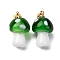 Handmade Lampwork Pendants, Mushroom, with Rack Plating Golden Tone Brass Findings, Long-Lasting Plated, Golden, Sea Green, 19~21x11~13mm, Hole: 4.5x3.5mm
