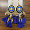 Alloy Oval Chandelier Earrings, with Glass Beads and Tassel, Golden, Blue, 102x32mm