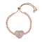 Rack Plating Brass Micro Pave Cubic Zirconia Silder Bracelets, Cadmium Free & Lead Free, Long-Lasting Plated, Heart, Rose Gold, Inner Diameter: 2-1/8~2-7/8 inch(5.3~7.3cm)