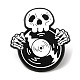 パンク スタイルのスカル & 蓄音機レコード エナメル ピン  ハロウィン用のブラック合金ブローチ  ブラック  28x26x1.3mm JEWB-M031-01B-1