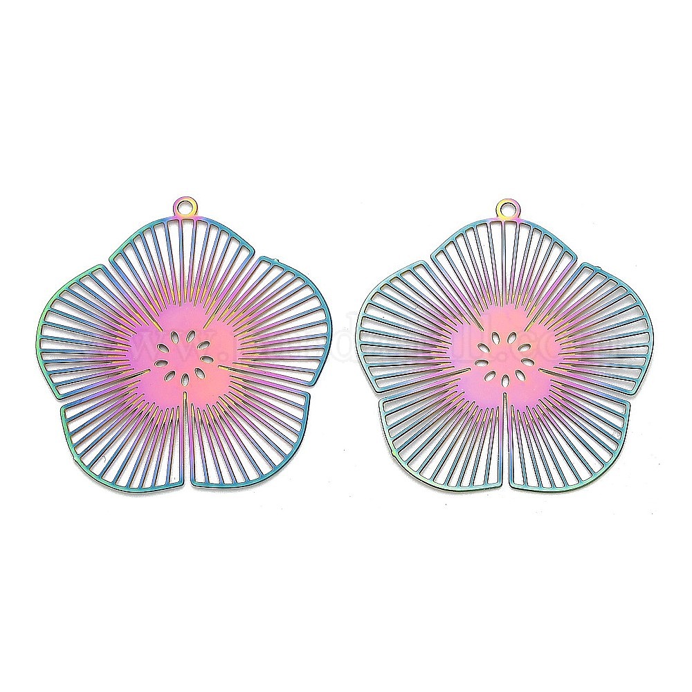 ステンレスペンダント201個 エッチングされた金属装飾 花のチャーム 虹色 31x30x0.3mm 穴：1.4mmの通販