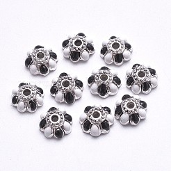 合金エナメルビーズキャップ  8花びら  花  アンティークシルバー  ブラック  9x4mm  穴：2mm&nbsp;ENAM-E297-01AS