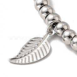 Bracciale con ciondolo a forma di foglia in acciaio inossidabile 304 anti-ossidazione con 201 perle rotonde in acciaio inossidabile per donna&nbsp;BJEW-B057-18P