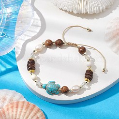 調節可能な染色合成ターコイズ、ココナッツ、ウッド、パール編みビーズブレスレット  夏のビーチ タートル ブレスレット 女性用 男性用  ターコイズ  内径：2-1/8~3-1/8インチ（5.5~8cm）&nbsp;BJEW-JB10723-02
