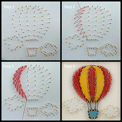 熱気球模様DIYストリングアートキットセット  ハンマー入り  木の板  プラスチックホルダーアクセサリー  合金の釘とネジ  はさみ  ポリエステル糸  15x15x0.85cm&nbsp;DIY-F070-01