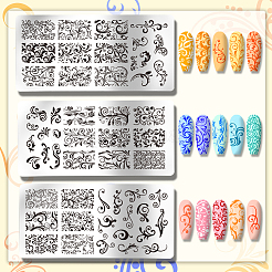 ステンレス鋼の DIY ネイルアート テンプレート  テンプレートツール  長方形  フローラル  12x6cm  3個/セット&nbsp;MRMJ-WH0092-062