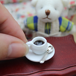 トレイ＆スプーン付きミニ磁器コーヒーカップ  ドールハウスアクセサリー用  小道具の装飾のふりをする  ホワイト  22x14mm&nbsp;X-BOTT-PW0001-207