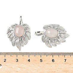 天然石ローズクォーツペンダント  真鍮の葉のチャーム  プラチナ  ラックめっき  31x21x7.5mm  穴：7.5x3.5mm&nbsp;G-L623-04P-10