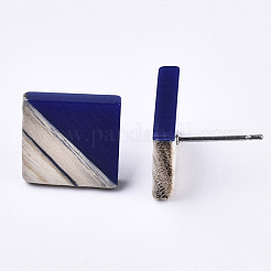 不透明な樹脂と木製のスタッドピアス  304ステンレスピン付き  菱形  ミッドナイトブルー  17x18mm  ピン：0.7mm&nbsp;EJEW-N017-005A-B01