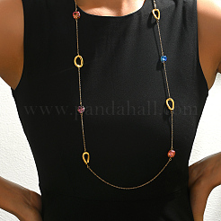 Collar de cadena larga de eslabones ovalados trenzados de acero inoxidable francés con cuentas de vidrio de colores para mujer&nbsp;XI4819