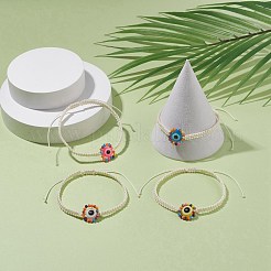 Плоский круглый браслет с плетеными бусинами из стекла и смолы для женщин&nbsp;BJEW-JB08077