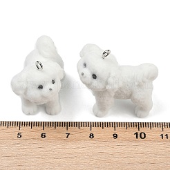 フロッキー樹脂ペンダント  犬  プラチナ鉄ループ付き  ホワイト  34x21x28mm  穴：2mm&nbsp;FIND-A052-07I