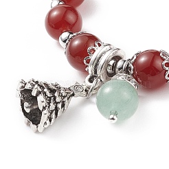 Cornaline d'agate rouge naturelle (teinte et chauffée) et bracelet extensible en aventurine verte avec breloque en alliage d'arbre de Noël&nbsp;BJEW-TA00124