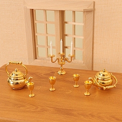 ティーポット＆ティーカップ合金ミニモデル  マイクロランドスケープドールハウスアクセサリー  小道具の装飾のふりをする  ゴールドカラー  14x8mm&nbsp;PW-WGBBF4B-01