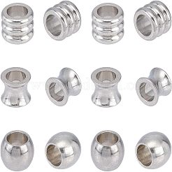 304ステンレススチールヨーロピアンビーズ  大穴ビーズ  花瓶/柱/バレル  ステンレス鋼色  10x8mm  穴：6mm  3形状  10個/形  30個/箱&nbsp;STAS-UN0013-28P