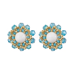 Женские серьги-гвоздики из цветочного стекла с бисером и натуральным нефритом машан EJEW-MZ00208-01