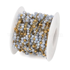 ガラスと304ステンレス鋼のアズキチェーン、ビーズチェーン  花  18KGP本金メッキ  ハンダ付け  イオンプレーティング（ip）  長持ちメッキ  ライトスチールブルー  9x3mm  約16.40フィート（5m）/ロール&nbsp;SA-CBAD321-03A